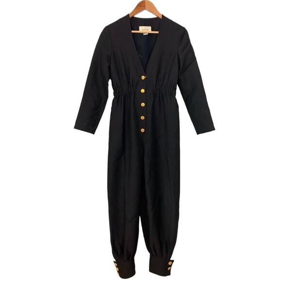 Gucci Alione V-neck Long Sleeve Button Jumpsuit Wool Silk Gold Black IT 36 US 0 - Picture 2 of 16